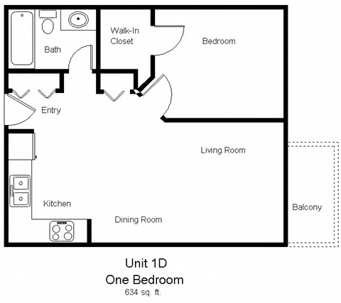Floor plan for 1 bed, 1 bath, 634 sqft